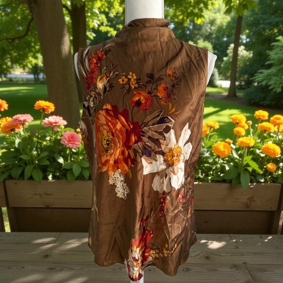 ELLEN TRACY Brown Floral Silk Blend Top Size 12 - Picture 1 of 10